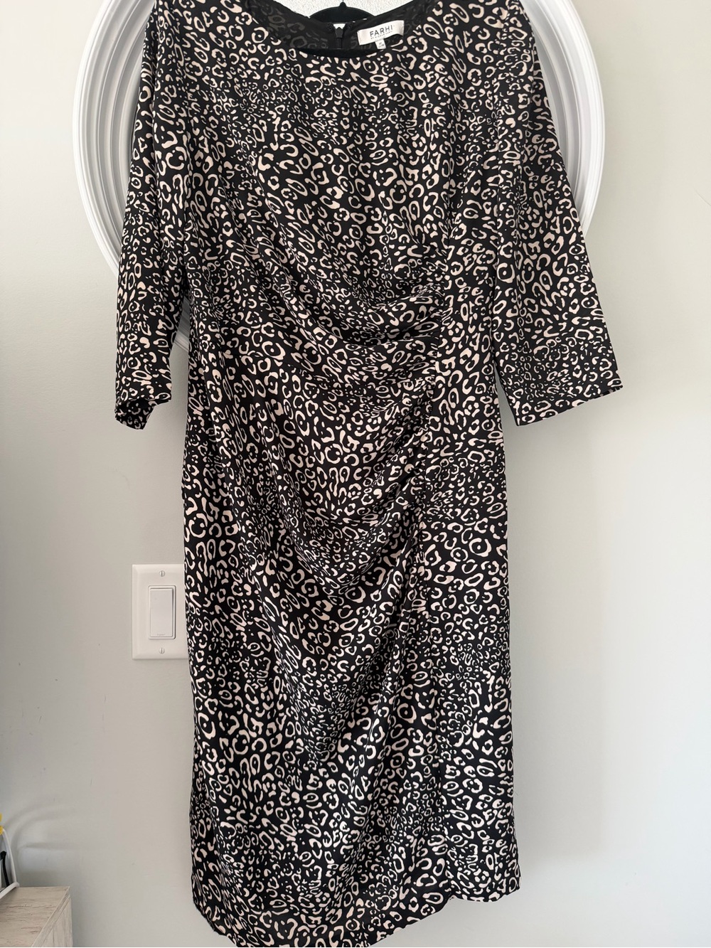 NICOLE FARHI Black and Cream Leopard-Print Ruched Midi Dress